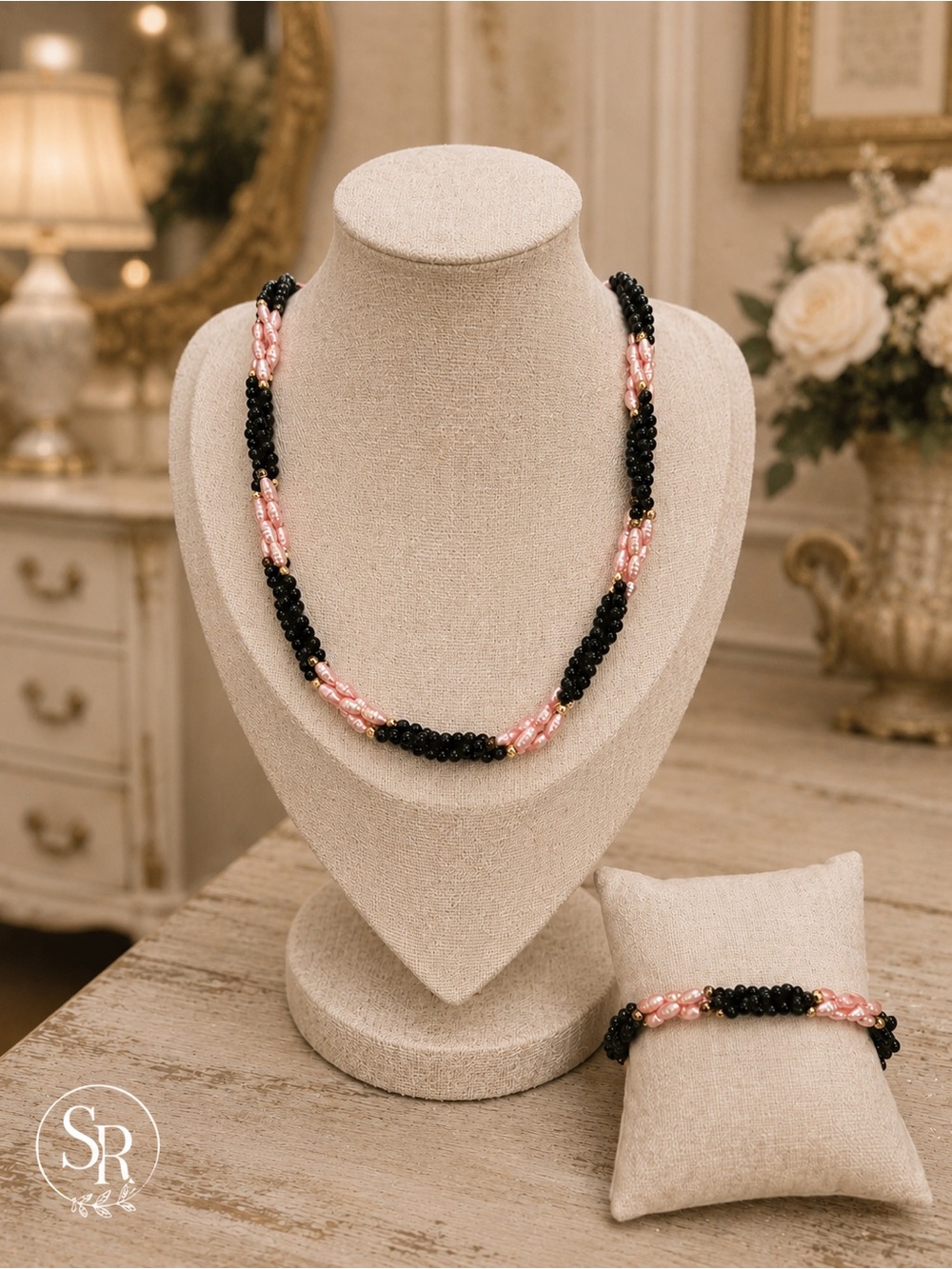 Vintage Glass Bead Torsade Necklace & Bracelet Set Pink Black Gold Multi Strand